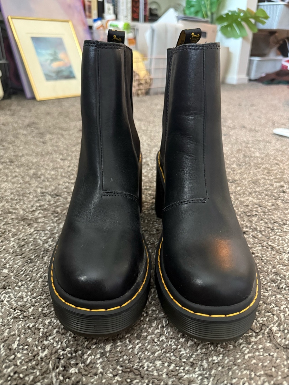 Dr. Martens Spence Black Leather Platform Chelsea Booties with Yellow Stitching